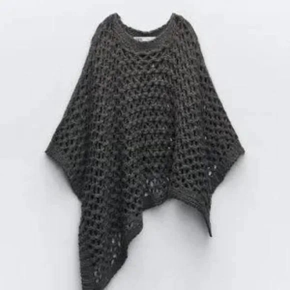 Zara Women Dark Grey Open Knit Poncho Asymmetrical Crochet Mesh Sweater Layering